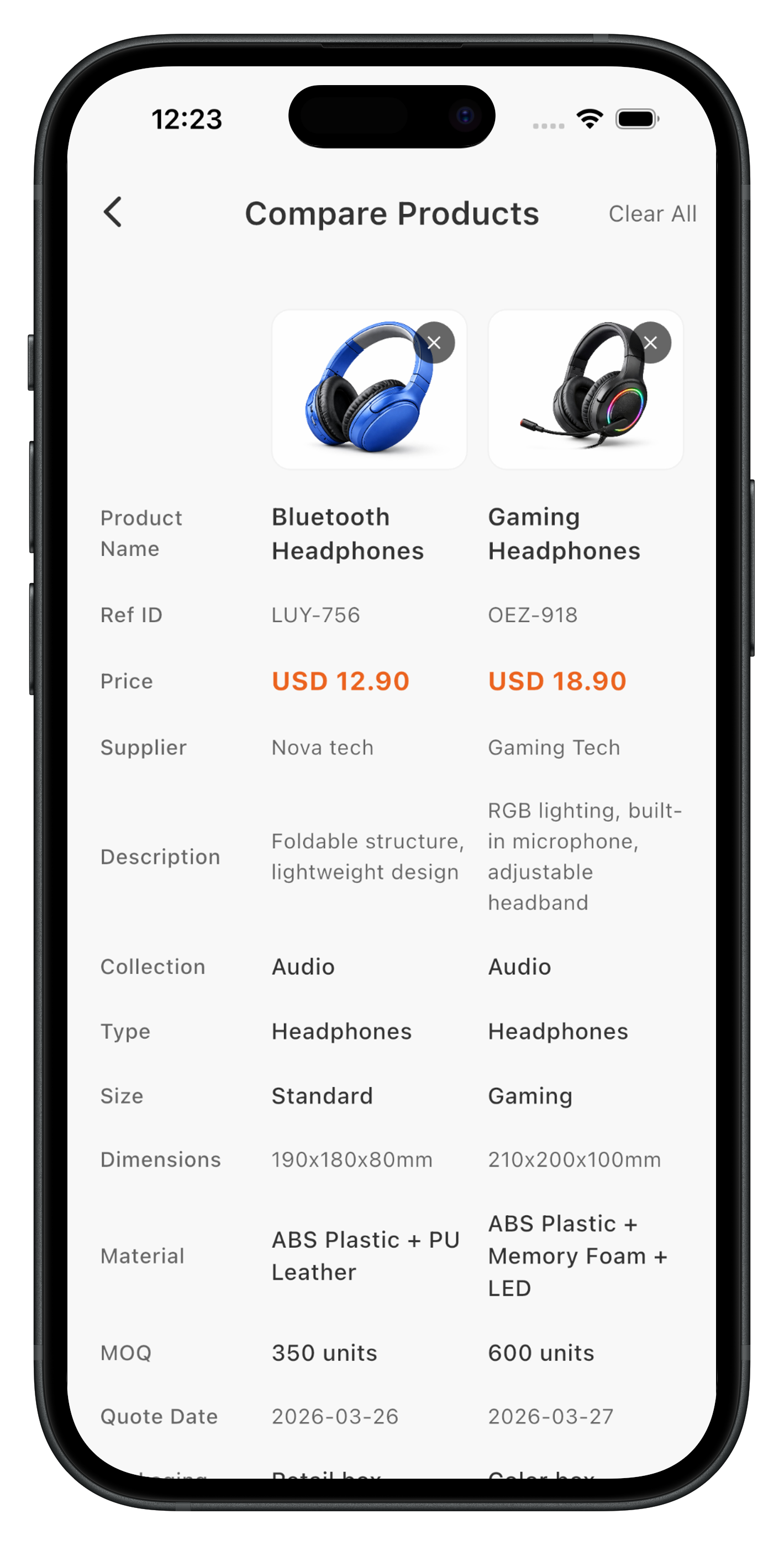 Compare products screen