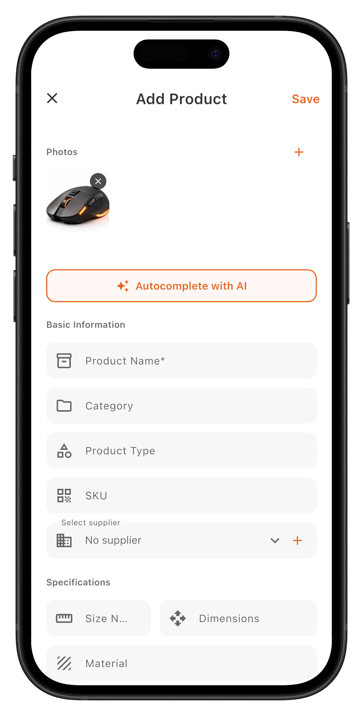 Add product screen with AI autocomplete